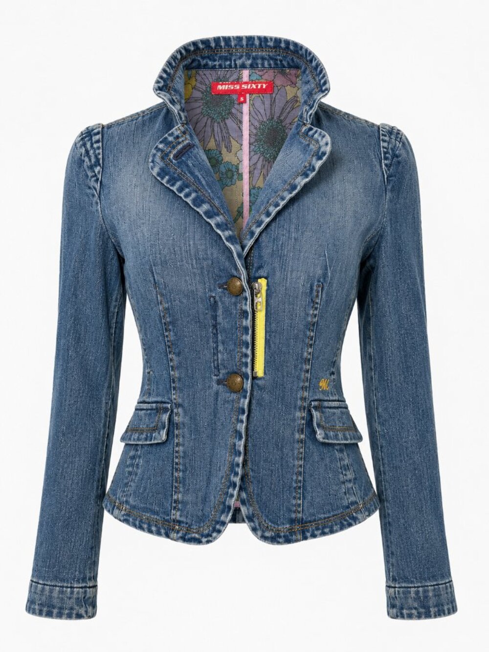 Miss Sixty Vintage Y2K Denim Blazer Fitted Hourglass Floral Lined Jacket S
